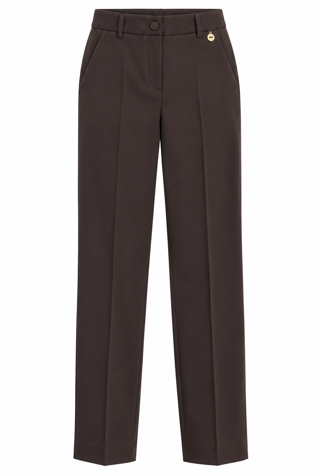 Pantalone cioccolato del tailleur donna 549 Erica Bellucci, vista frontale con passanti, bottone e piega lungo la gamba.