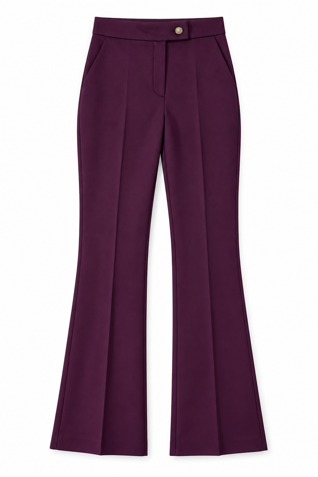 Pantalone donna a zampa 2958 bordeaux steso su fondo bianco, vista frontale con tasche laterali e piega centrale.