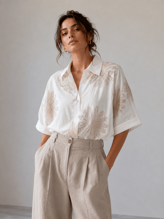Camicia donna manica corta in TENCEL® colore panna, abbottonatura frontale, tessuto leggero e fluido, Made in Italy – Frarò