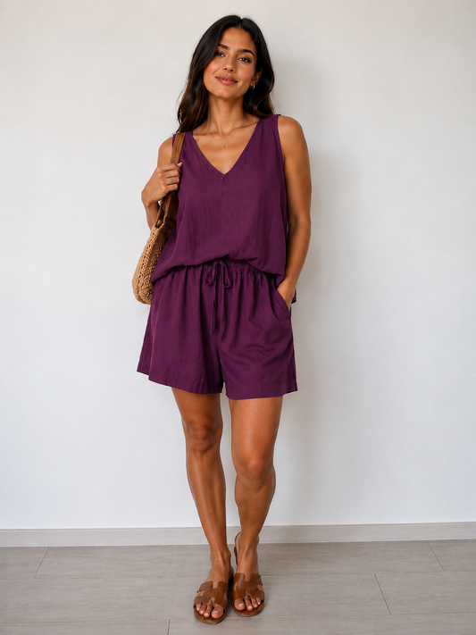 Coordinato donna in Tencel viola con canotta ampia e shorts con laccetto in vita - Frarò
