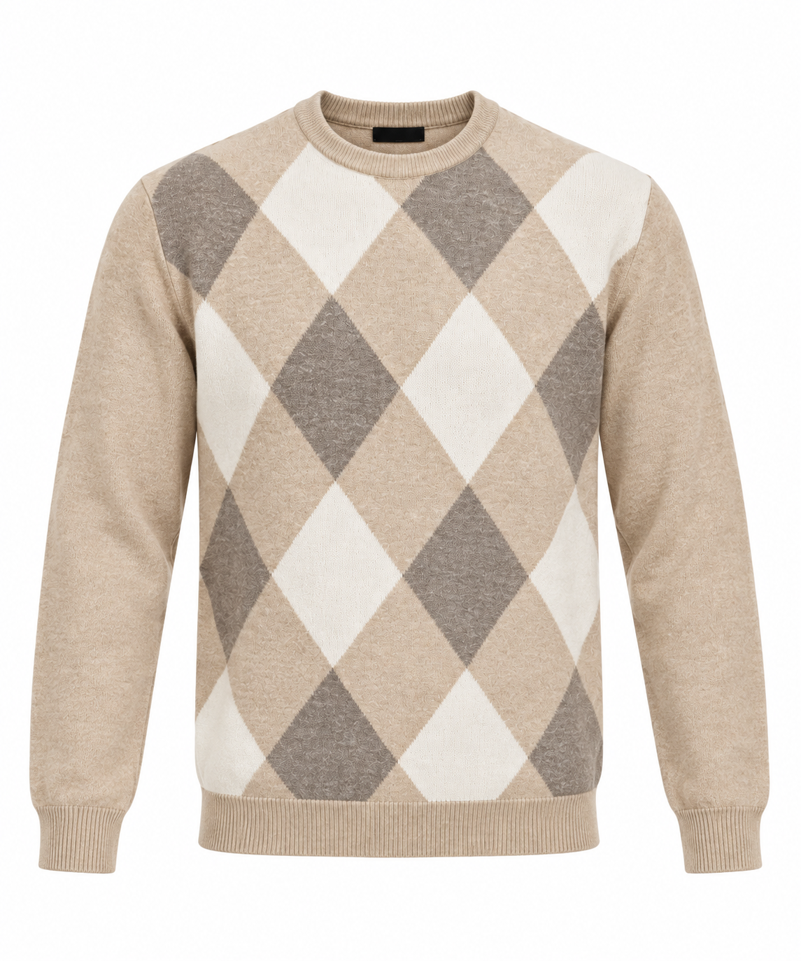 Maglione uomo Moro beige, vista frontale su fondo bianco, con rombi panna e tortora e bordi a costine.