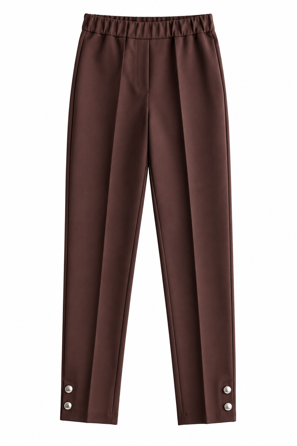 Pantalone Capri donna color cioccolato non indossato, vista frontale con vita elasticizzata e due bottoni su ciascun fondo gamba.