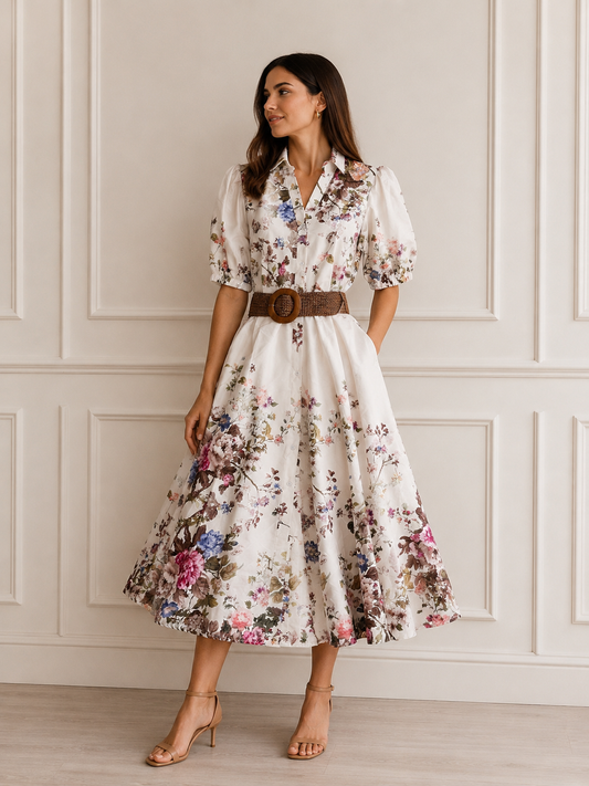 Abito donna floreale bianco in cotone Made in Italy, vista frontale intera, indossato da modella - collo coreana scollo a V con bottoni, mezza manica, gonna midi ampia