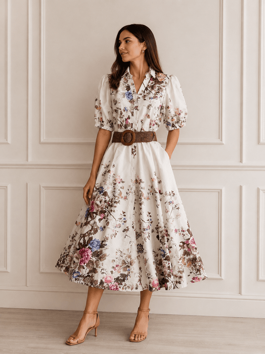 Abito donna floreale bianco in cotone Made in Italy, vista frontale intera, indossato da modella - collo coreana scollo a V con bottoni, mezza manica, gonna midi ampia