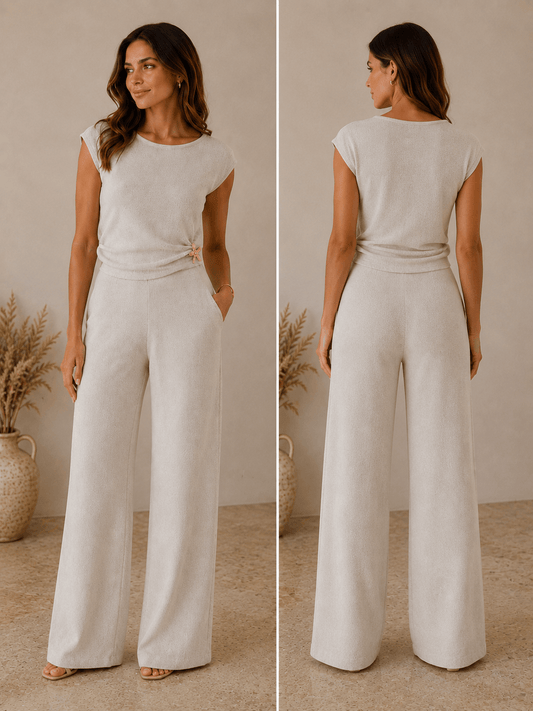 Modella indossa coord set donna elegante Taky di Frarò: completo due pezzi elegante per l'estate, disponibile in taglie XS-XL