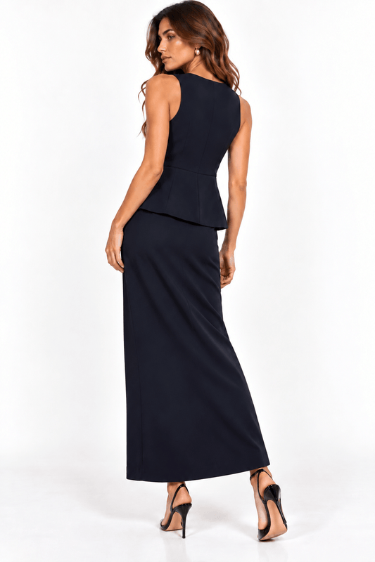 Abito donna lungo Jerimy Tiffosi blu navy indossato, vista da dietro a tre quarti con corpetto senza maniche