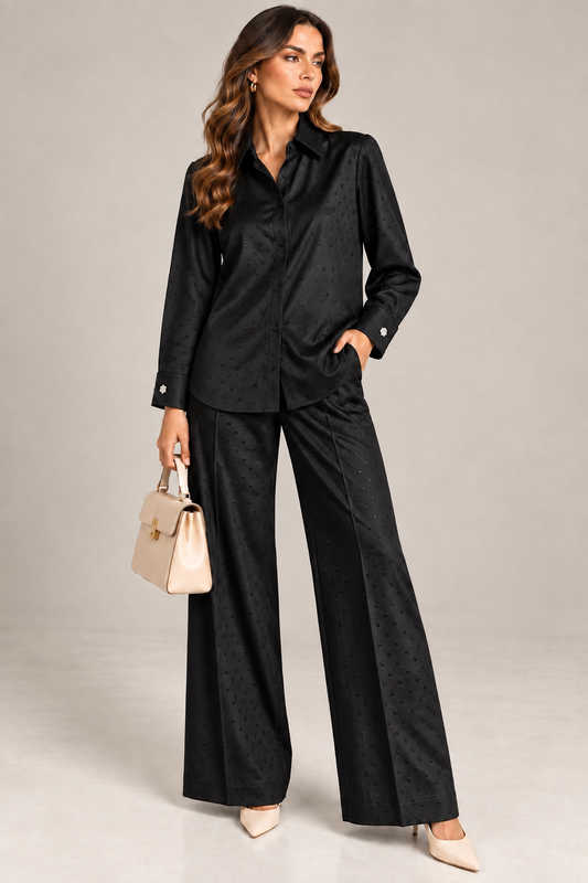 Modella indossa completo donna Pelota nero Tiffosi, camicia over e pantalone palazzo a vita alta