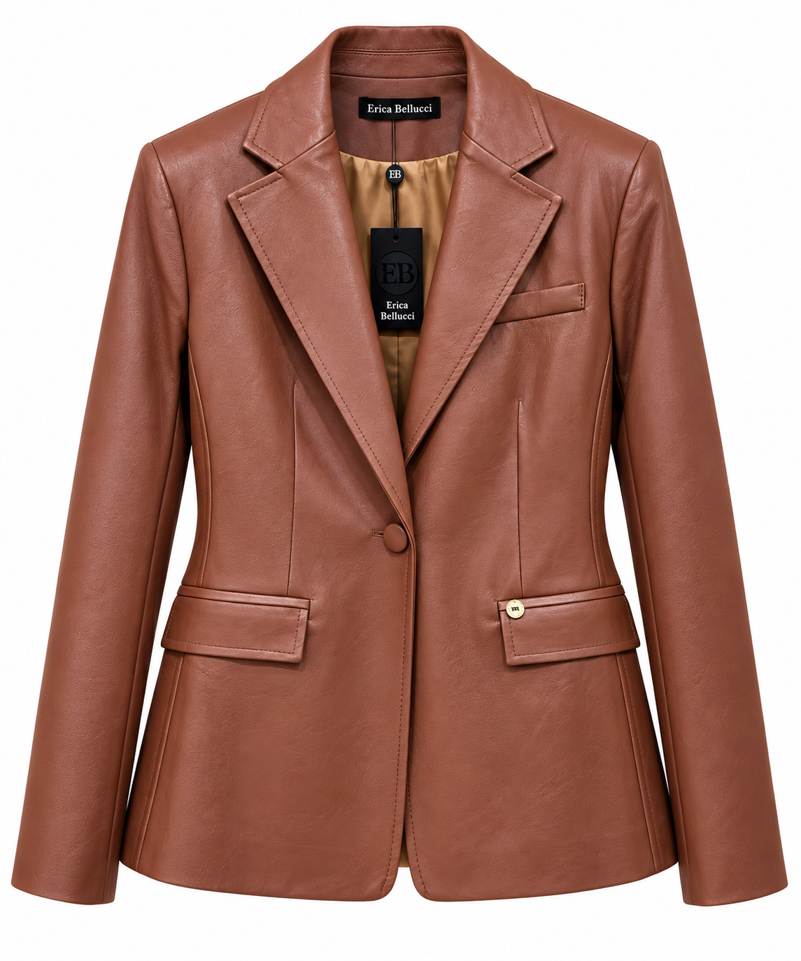“Giacca donna in ecopelle 592 camel Erica Bellucci, vista frontale del capo con revers, bottone e tasche con pattina”