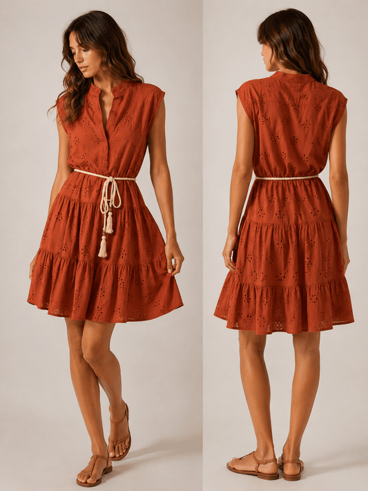Abito Charlotte Donna in cotone effetto pizzo colore arancio -
vista frontale e posteriore indossato da modella - Frarò