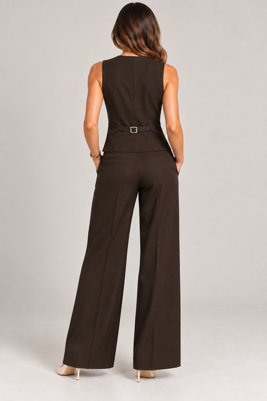 Completo donna brown cioccolato visto da dietro, con gilet dotato di cintura regolabile e pantalone palazzo