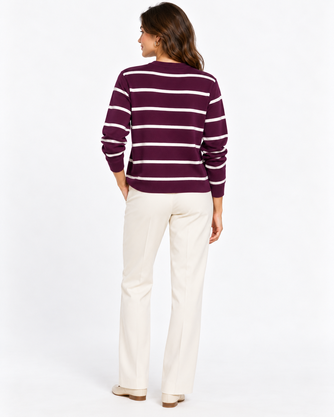 Maglia donna 458 bordeaux a righe chiare, vista posteriore indossata con fondo e polsini a costine.