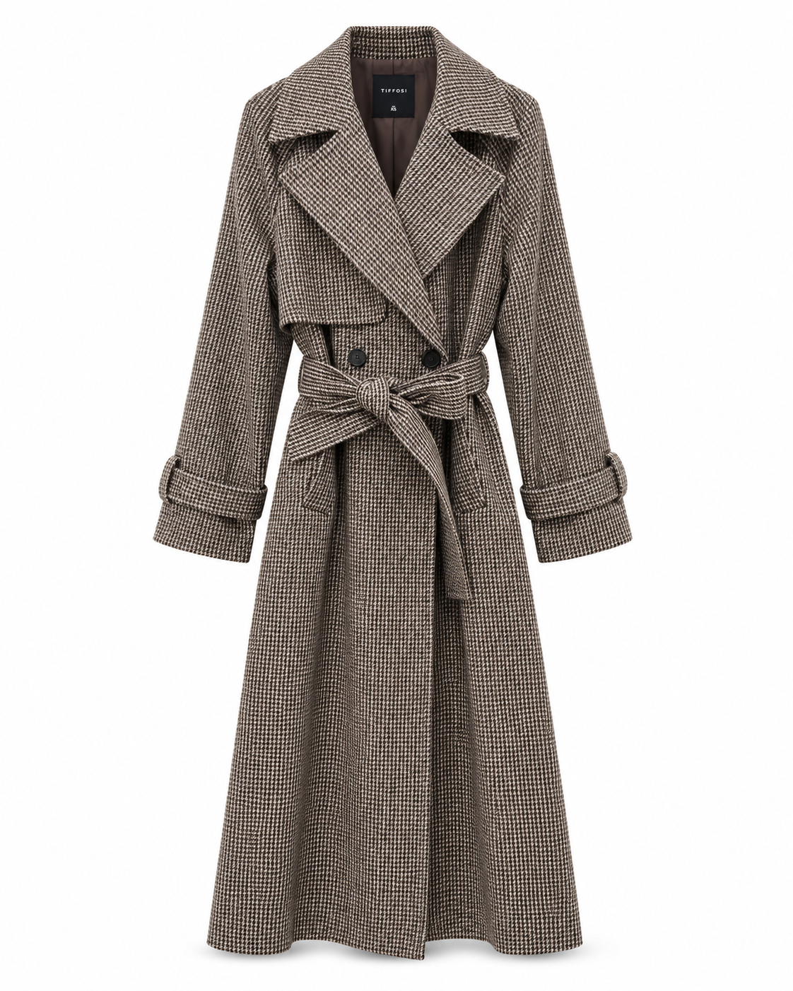 Cappotto lungo donna Candeem Tiffosi non indossato, vista frontale con chiusura doppiopetto e cintura coordinata.