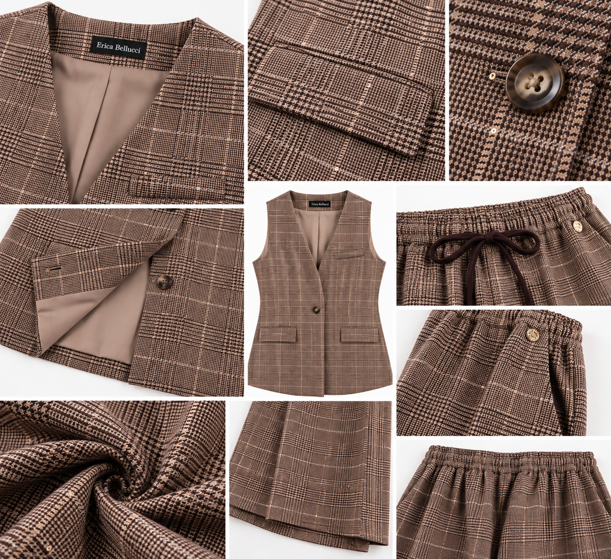 Tailleur donna a quadri 511, collage dei dettagli di gilet, fodera, bottone, tessuto e vita elasticizzata del pantalone.