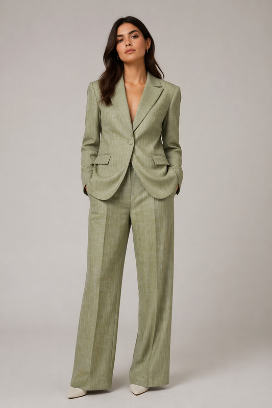 Tailleur gessato donna verde Erica Bellucci – coordinato completo blazer e pantalone palazzo - indossato da modella - total look vista frontale