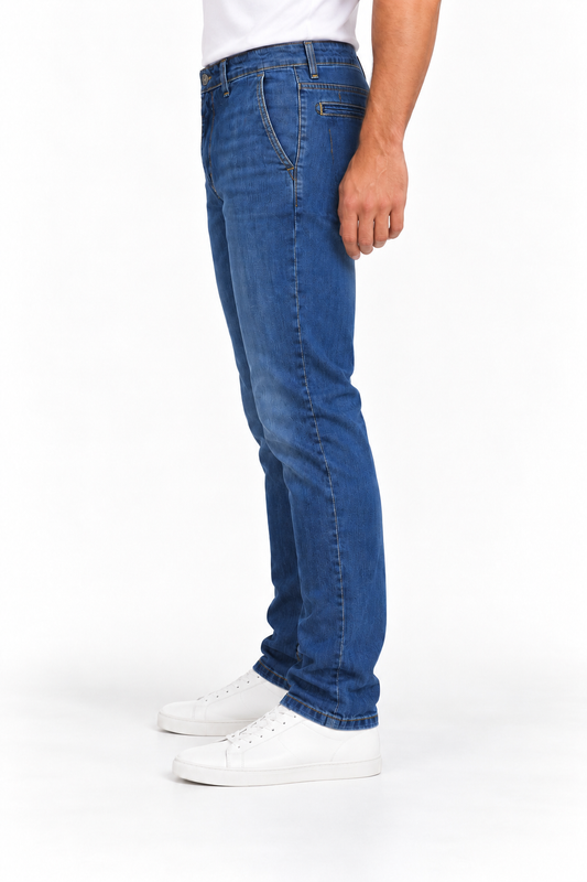 Jeans uomo tasca america MJ Moro in denim blu, vista laterale indossata con dettaglio della tasca america e della linea della gamba.