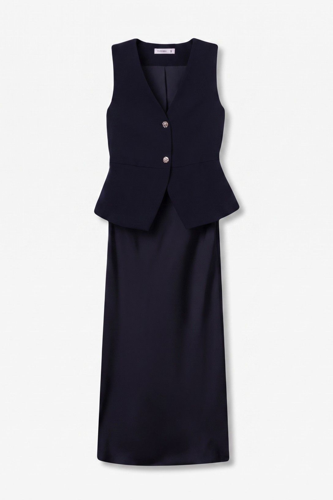 Abito donna lungo Jerimy Tiffosi blu navy fotografato frontalmente, con scollo a V, bottoni argentati e corpetto sagomato
