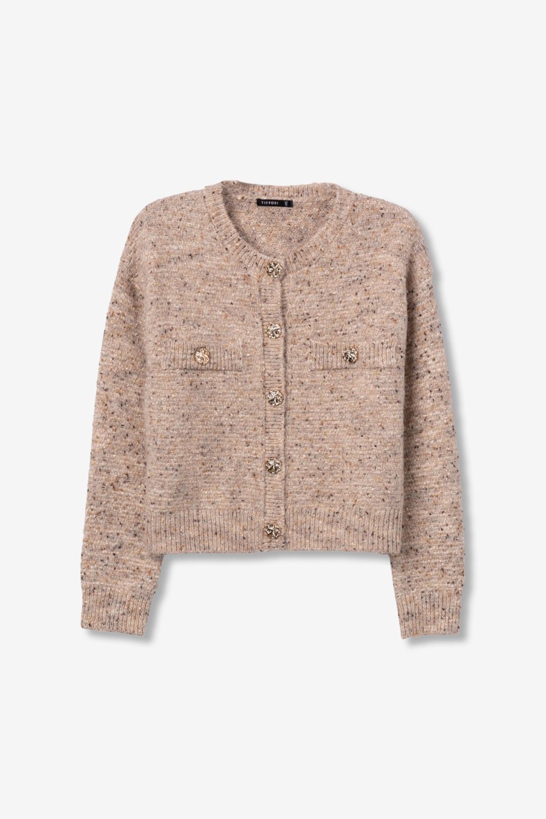 Cardigan donna Diadem Tiffosi beige mélange su fondo bianco, vista frontale con bottoni dorati e dettagli sul petto.