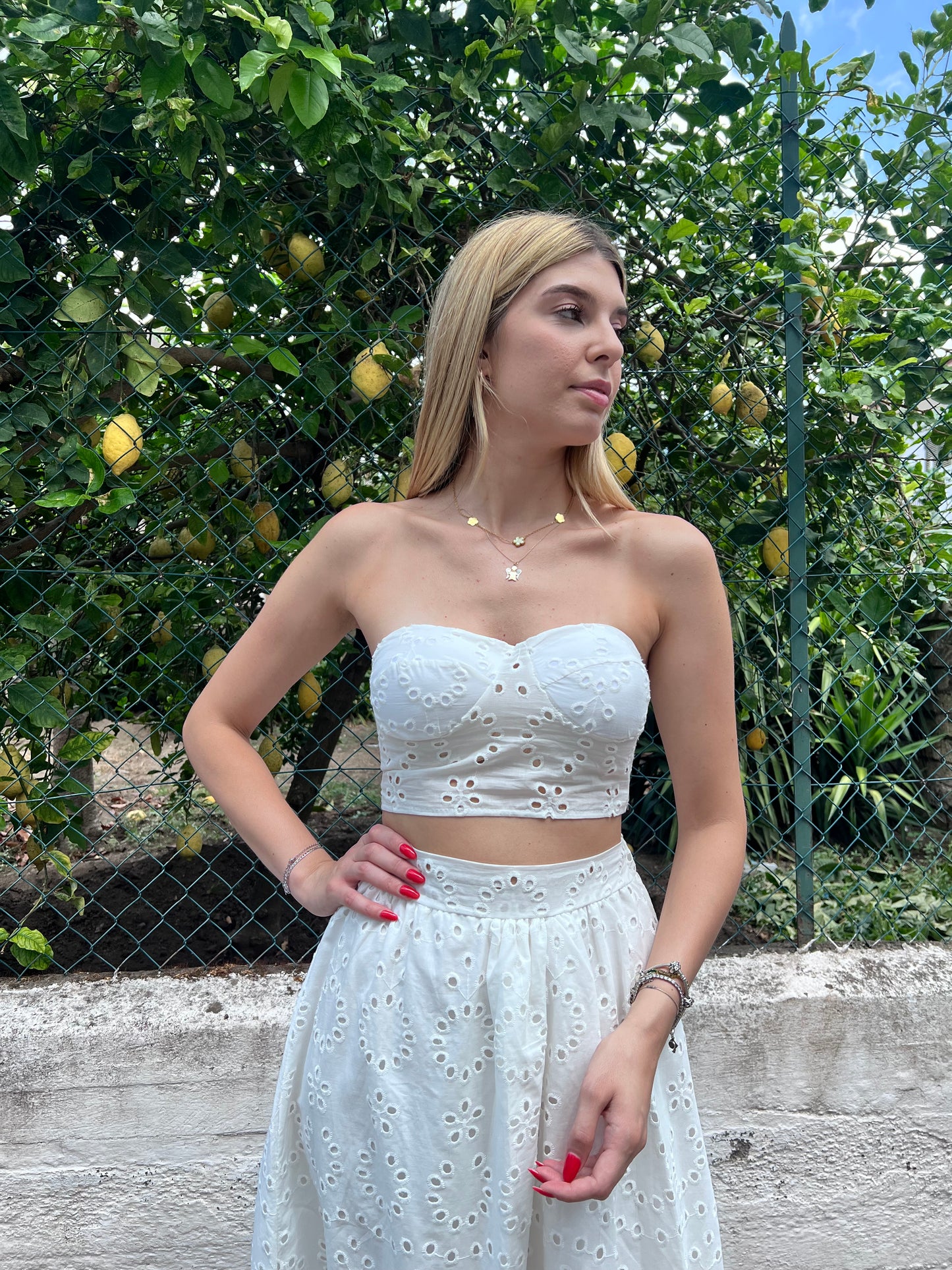 "Primo piano del tessuto in pizzo San Gallo 100% cotone Made in Italy"