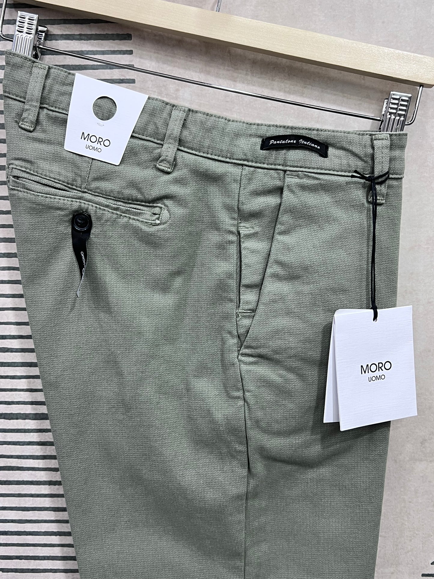 Pantalone uomo cotone elasticizzato verde - dettaglio tessuto micro fantasia
