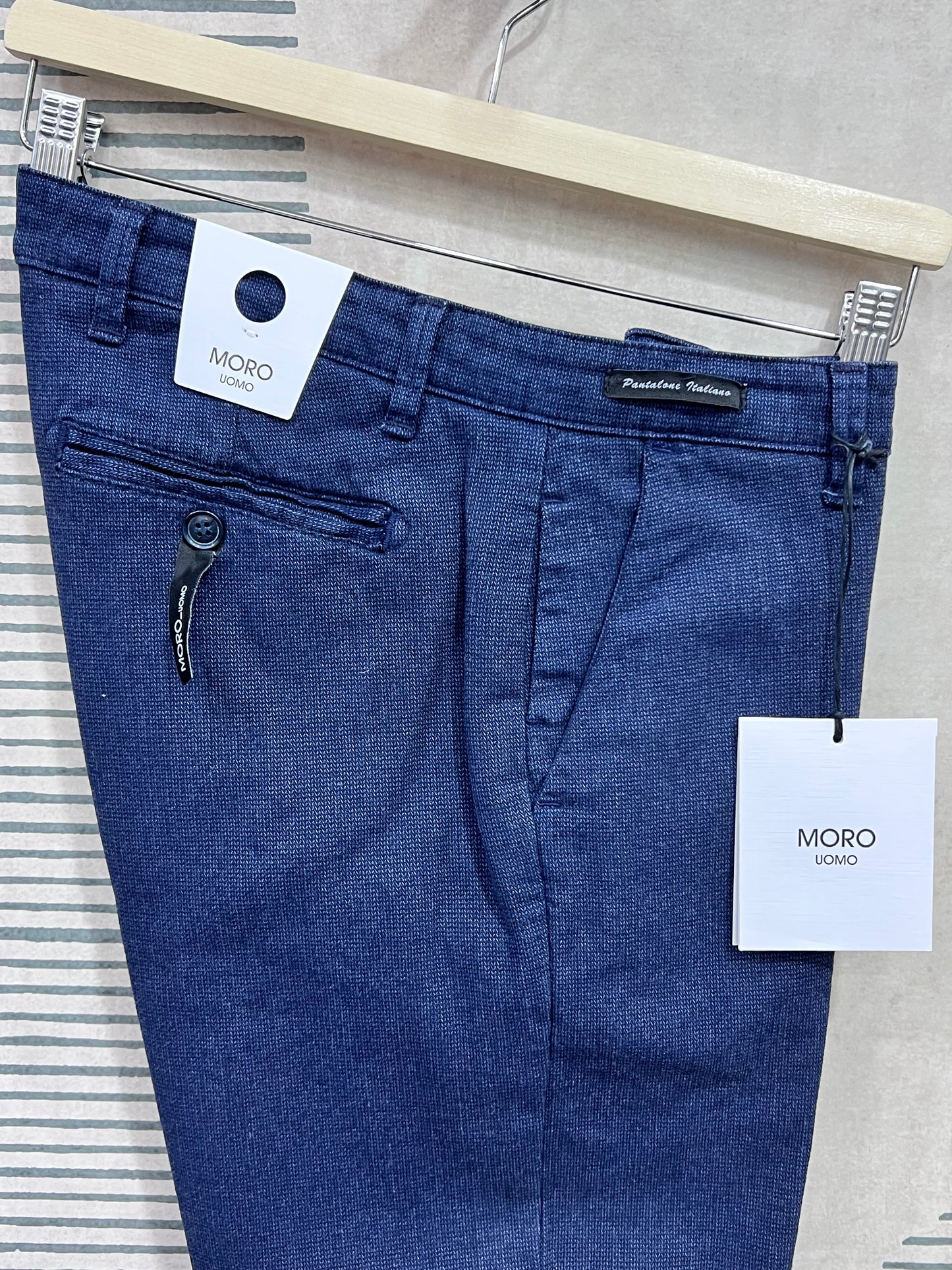 Pantalone uomo cotone elasticizzato blu - dettaglio tessuto micro fantasia