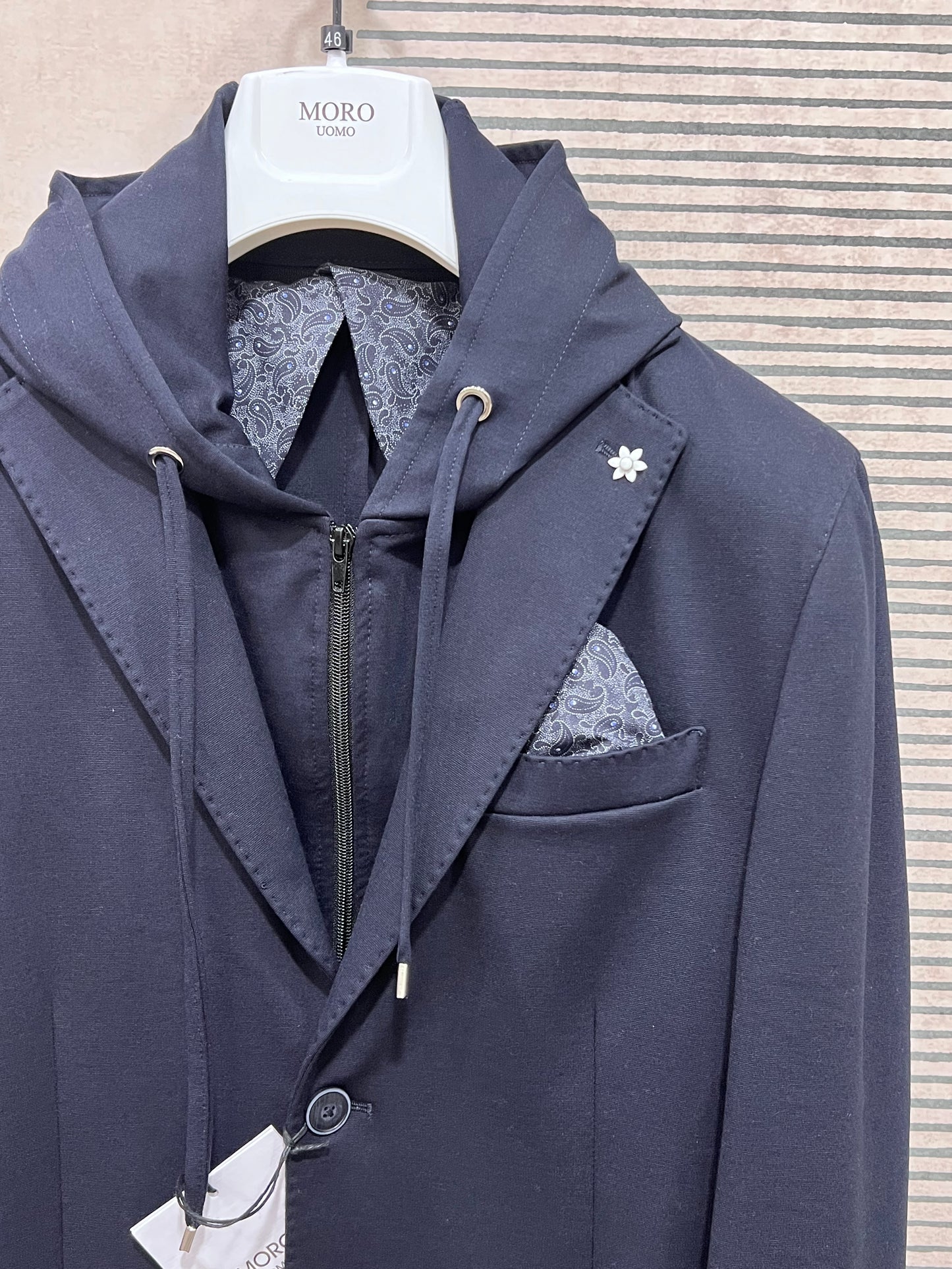 Giacca uomo punto milano blu - dettaglio collo e cappuccio