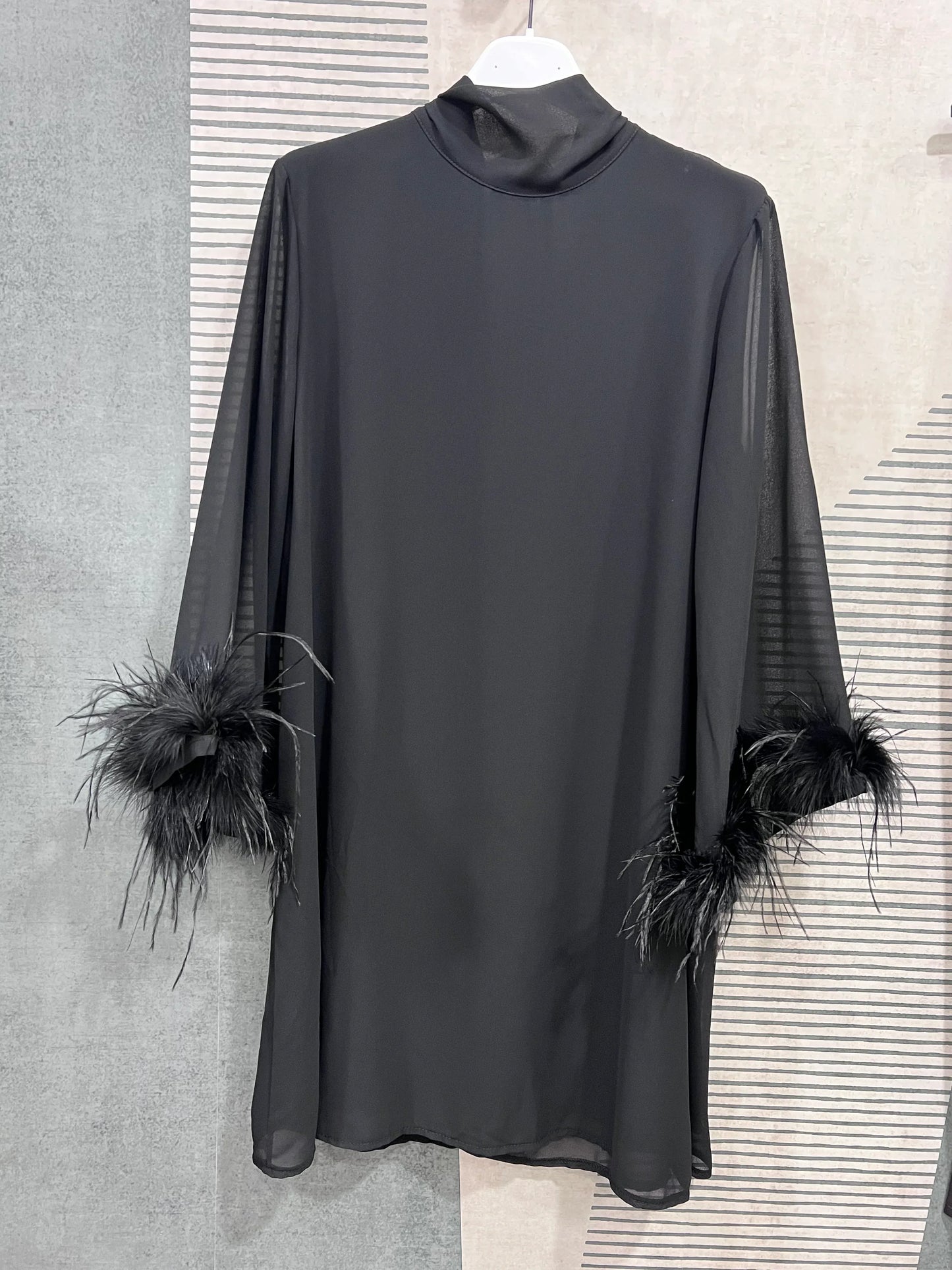Abito Donna Maniche Piume Elegante - Vestito Cerimonia Natale - 3 Colori - Frarò