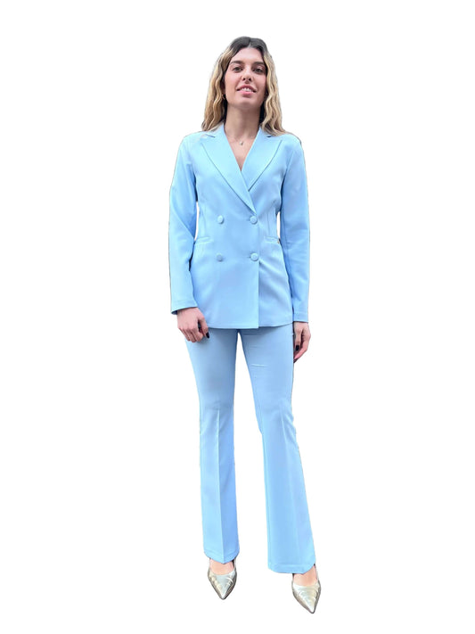 Tailleur donna 580 polvere - blazer doppio petto avvitato e pantalone a zampa made in Italy Erica Bellucci