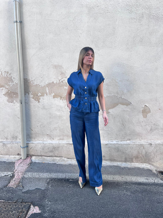 Coord set donna lence blu in LYOCELL – camicia mezza manica e pantalone vita alta | Tiffosi