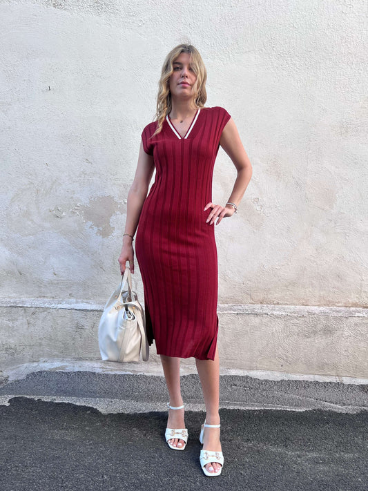 Abito Aleta maxi donna in viscosa – colore Amarena, vestito lungo estivo con scollo a V | Frarò