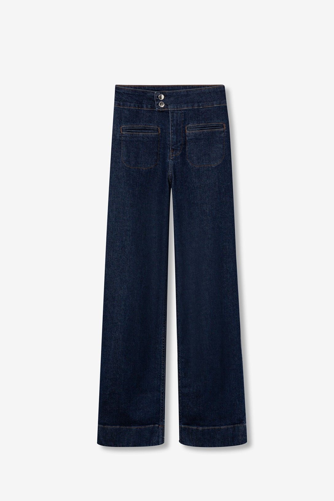 Jeans Olivia blu scuro vita alta dettaglio prodotto, vestibilità comfort fit gamba dritta su sfondo neutro