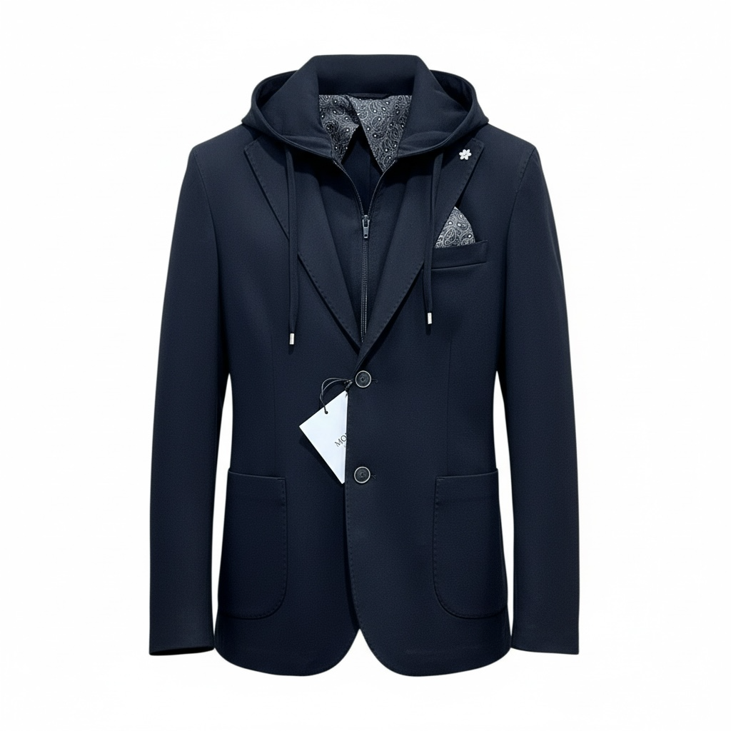 Giacca uomo punto milano Moro nera, vista frontale non indossata con cappuccio, inserto con zip e chiusura a due bottoni.