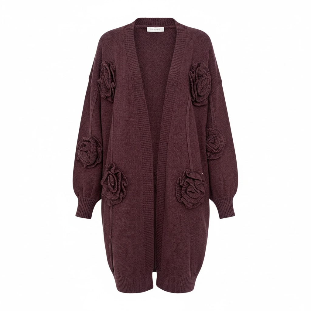 Cardigan lungo donna elegante con fiori a rilievo - Colore moro - Taglia unica - Frarò