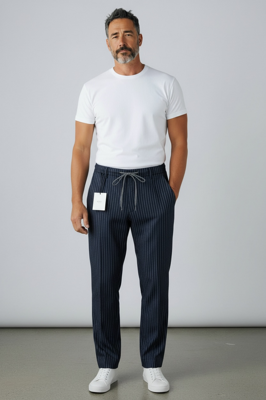 Pantalone uomo gessato Moro blu indossato con maglia bianca e sneakers, figura intera frontale