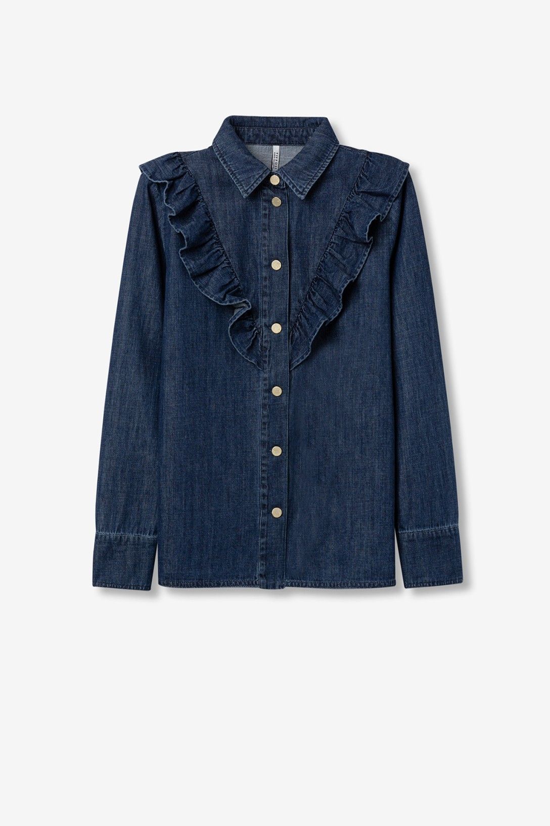 Camicia denim West stesa su sfondo bianco, volant e bottoni dorati visibili