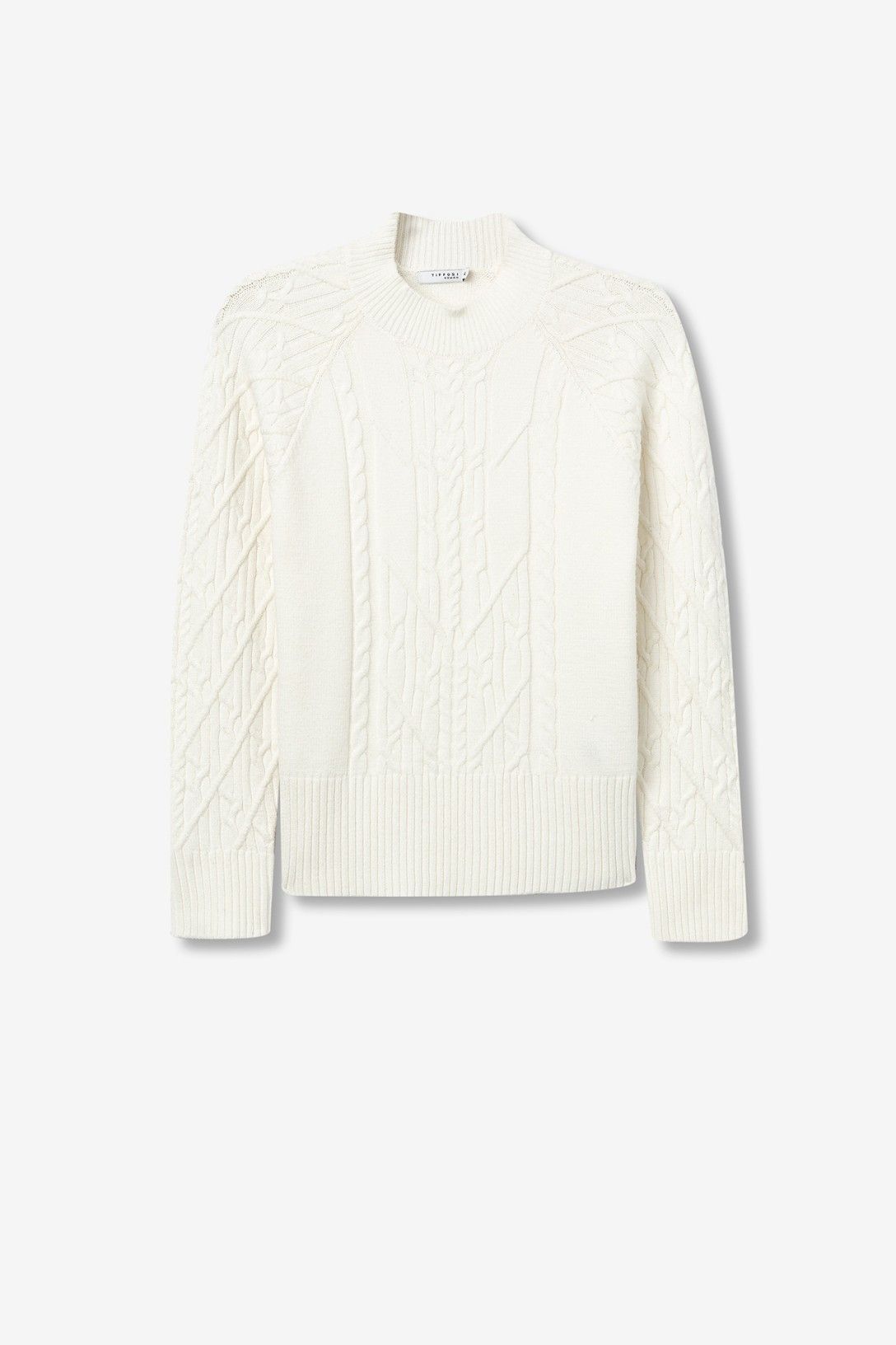 Dettaglio qualità tessuto maglione Alchemy panna, composizione viscosa poliestere poliammide morbido
