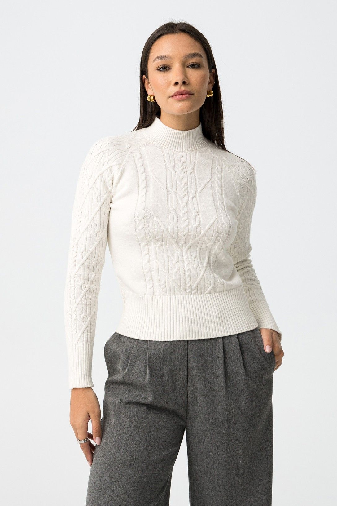 Maglione donna Alchemy panna con trama a rombi elegante, mezzo collo e manica lunga