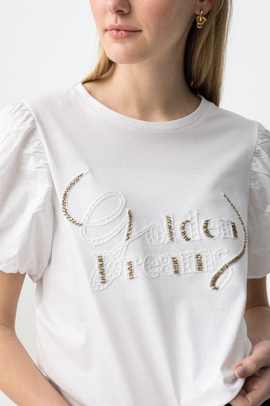 T-shirt donna cotone maniche a sbuffo bianca - dettaglio qualità ricamo oro prezioso