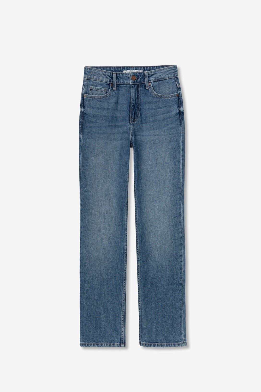 Jeans donna Tiffosi Amy_58 in denim blu, cinque tasche, vita alta e gamba dritta stesi su sfondo bianco