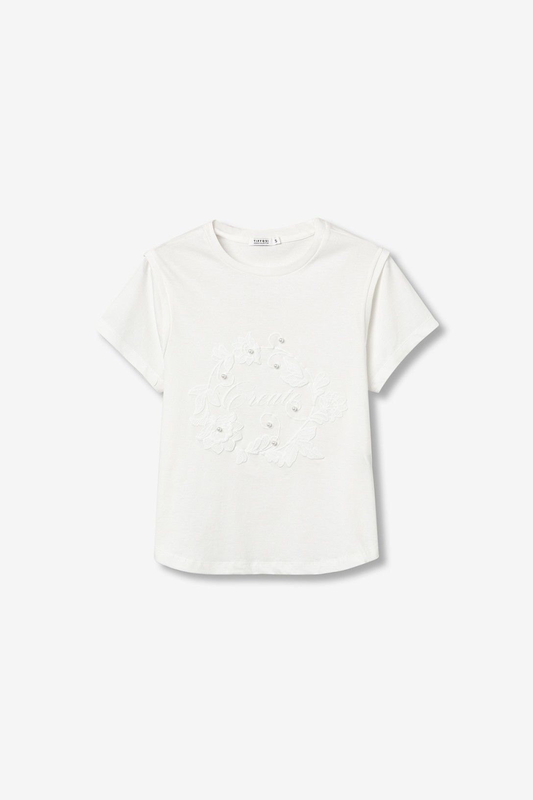 T-shirt donna Angel avorio – vista e-commerce, dettaglio floreale in rilievo, taglie XS–XL Tiffosi