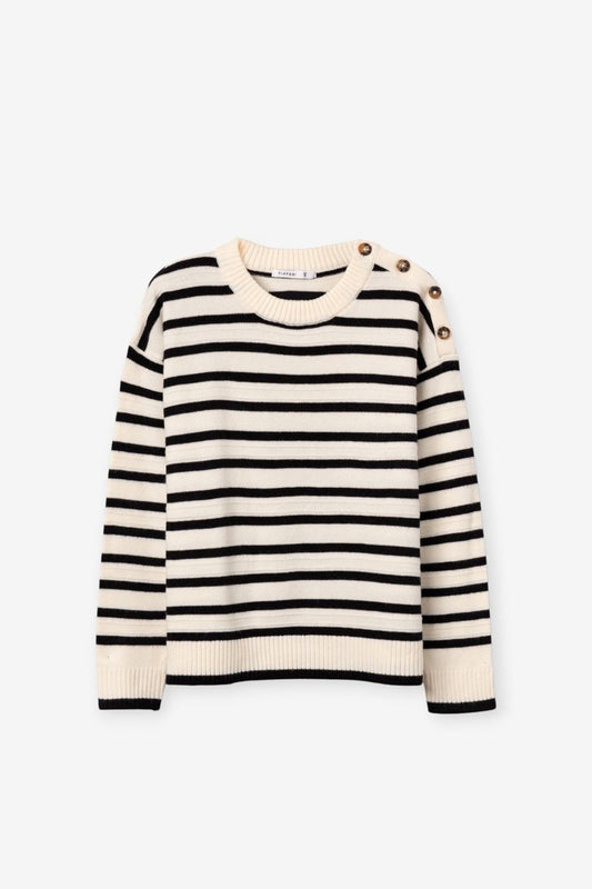 Maglione Donna Astros Tiffosi crema a righe nere con girocollo a coste e bottoni metallici sulla spalla, vista frontale del capo