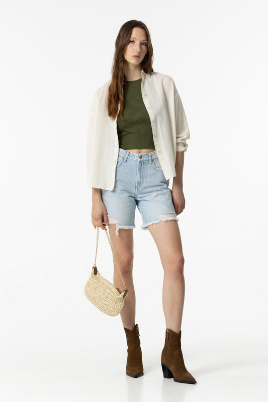 Shorts jeans donna Benny - dettaglio vestibilità slim vita alta denim chiaro