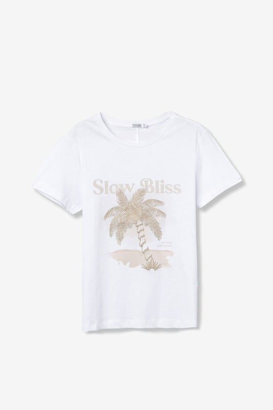T-shirt donna Brandy cotone bianca stampa palme Slow Bliss, mezza manica estiva