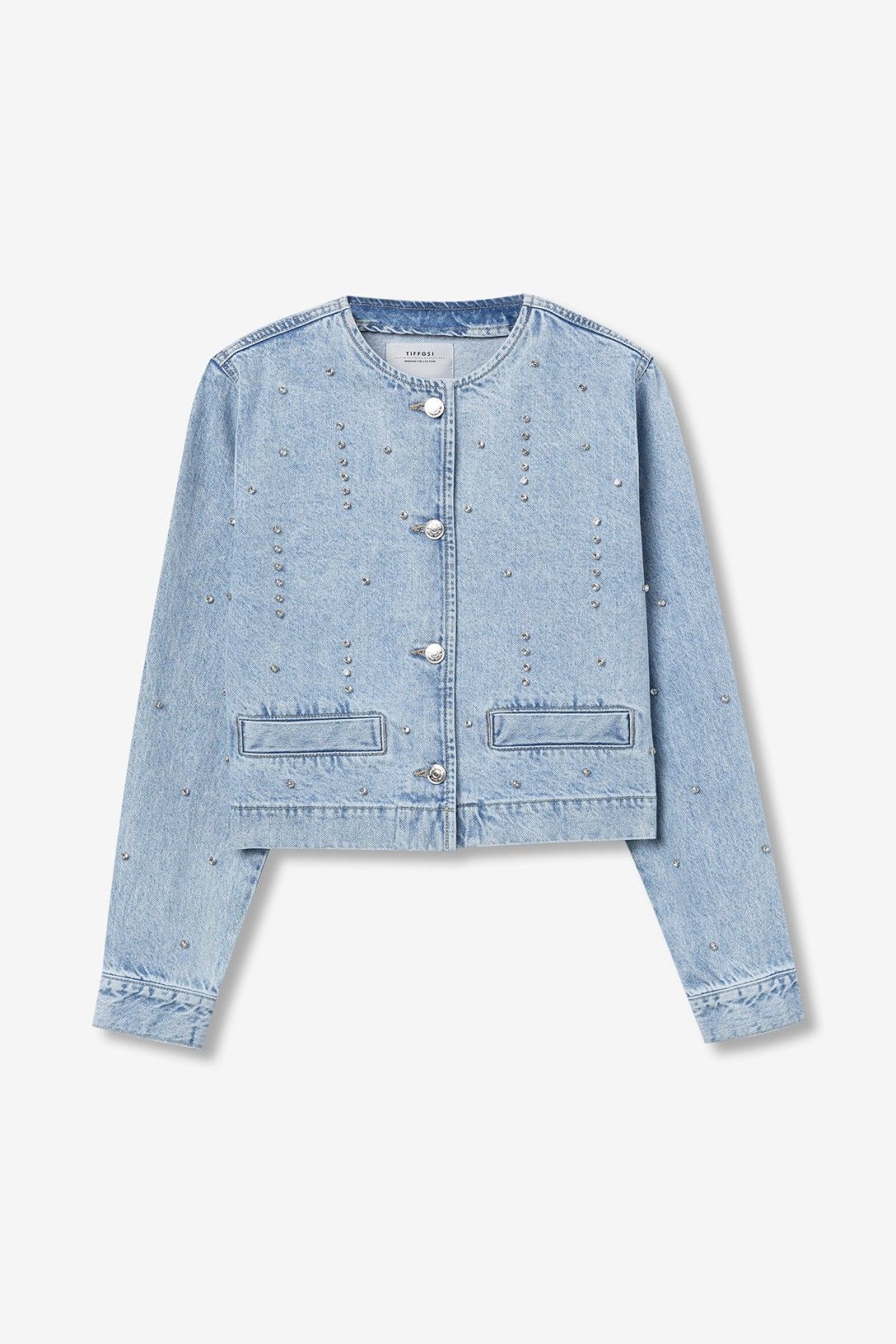 Giubbotto donna jeans collo chanel Swarovski - dettaglio manifattura premium