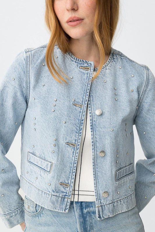 Giubbotto donna jeans collo chanel denim blu - dettaglio applicazioni Swarovski
