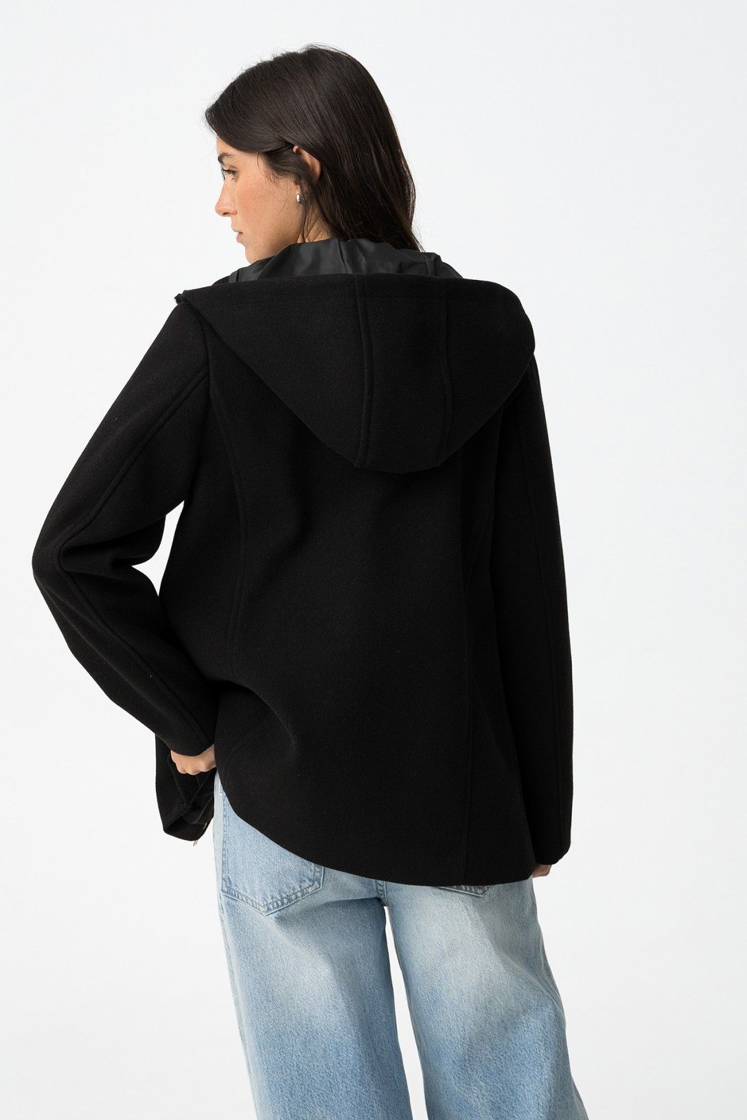 Cappotto Enny nero donna - vista posteriore con cappuccio