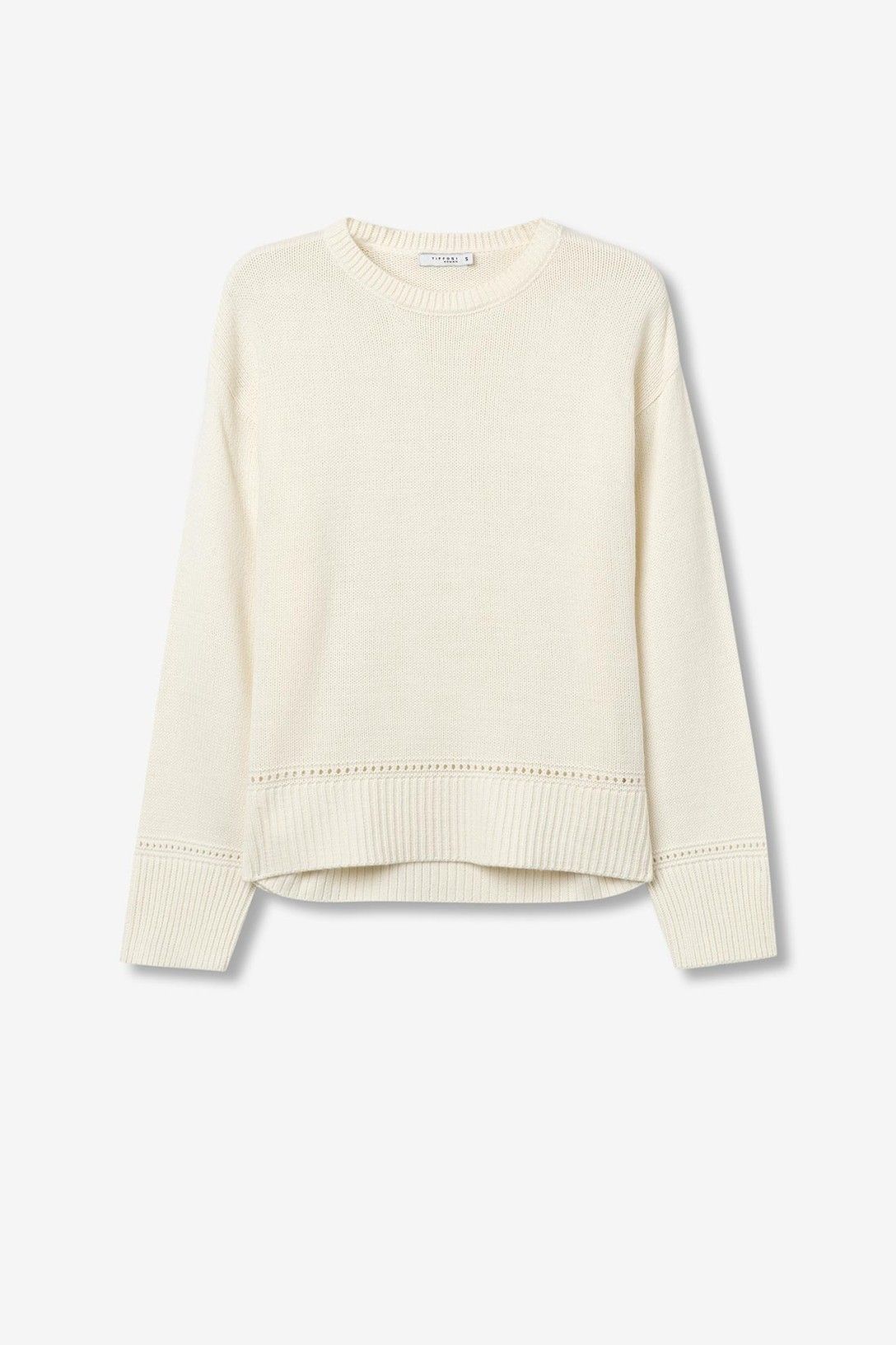 Maglione Eternal donna colore bianco - vista frontale con dettagli traforati e scollo rotondo
