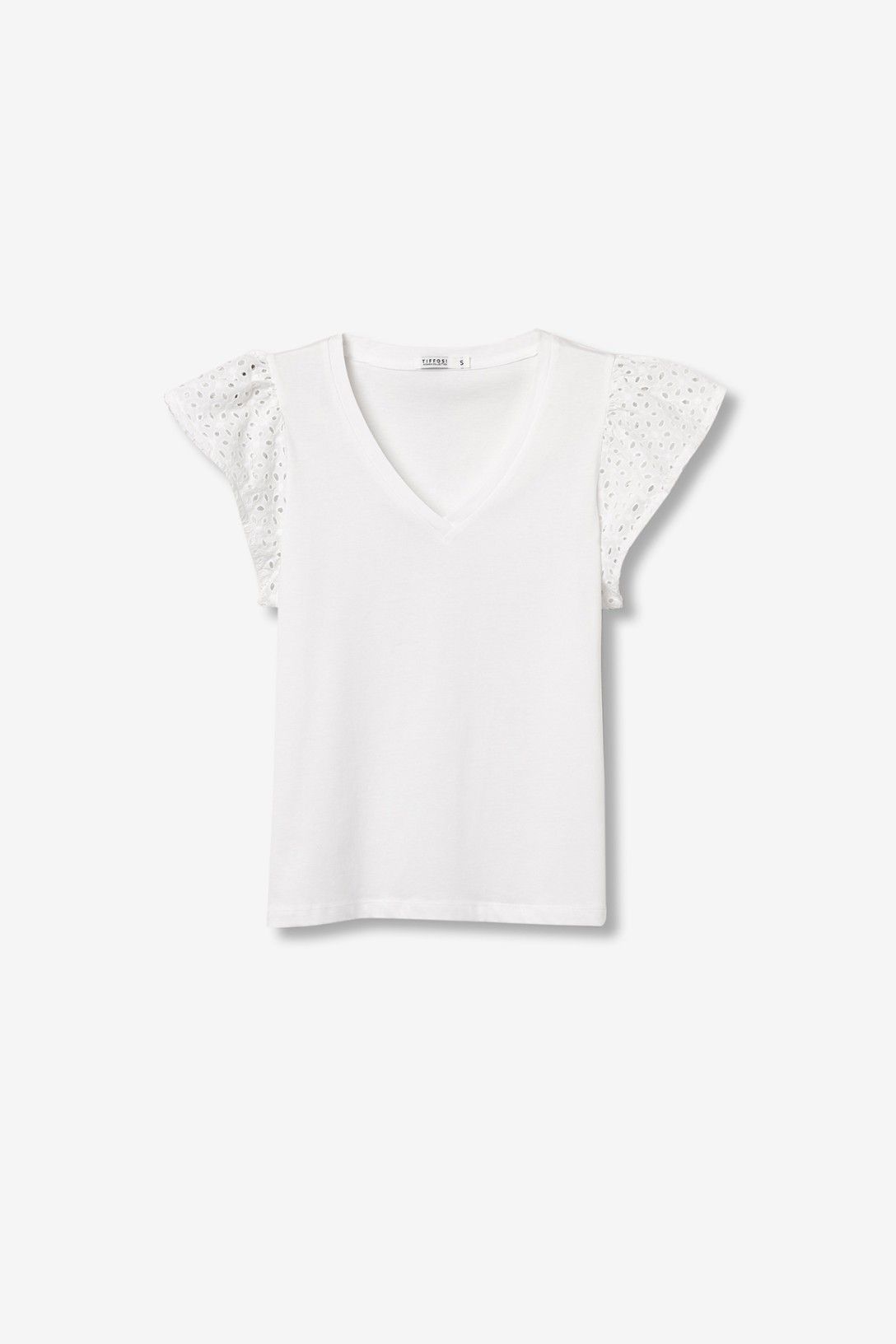 T-shirt donna scollo a V cotone bianco con pizzo - dettaglio e-commerce