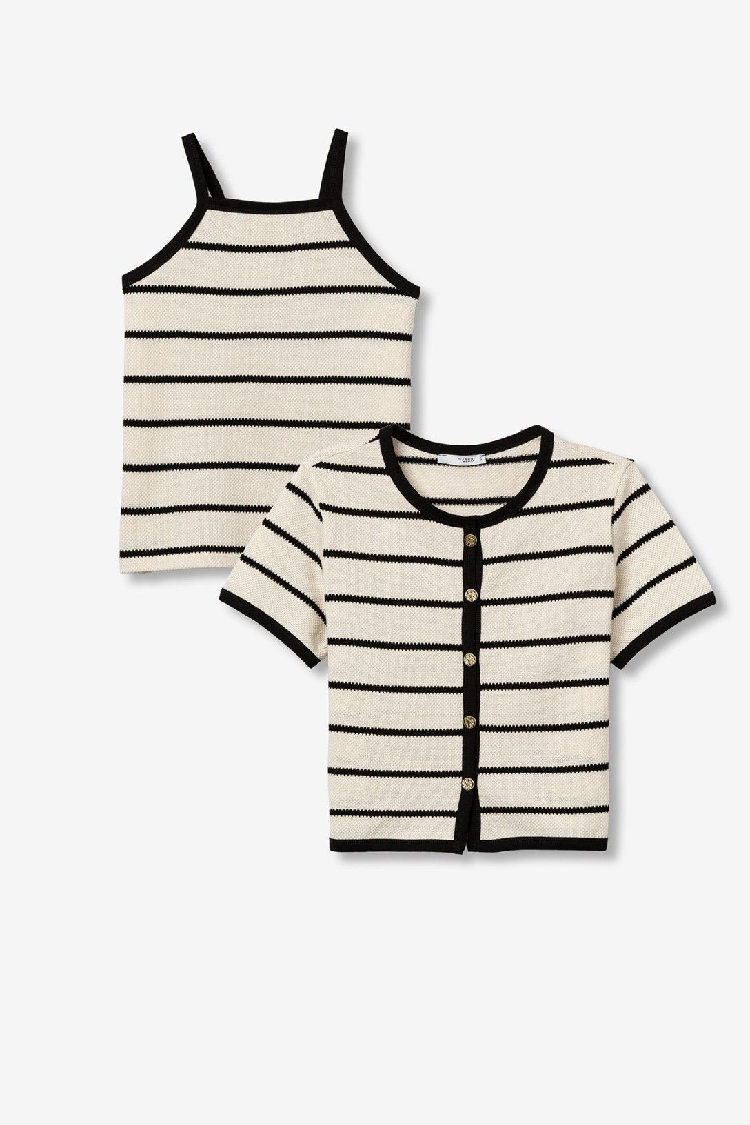 Completo coordinato twin set donna cotone Harlow_P - cardigan con bottoni dorati e top a bretelle, collezione PE 2026