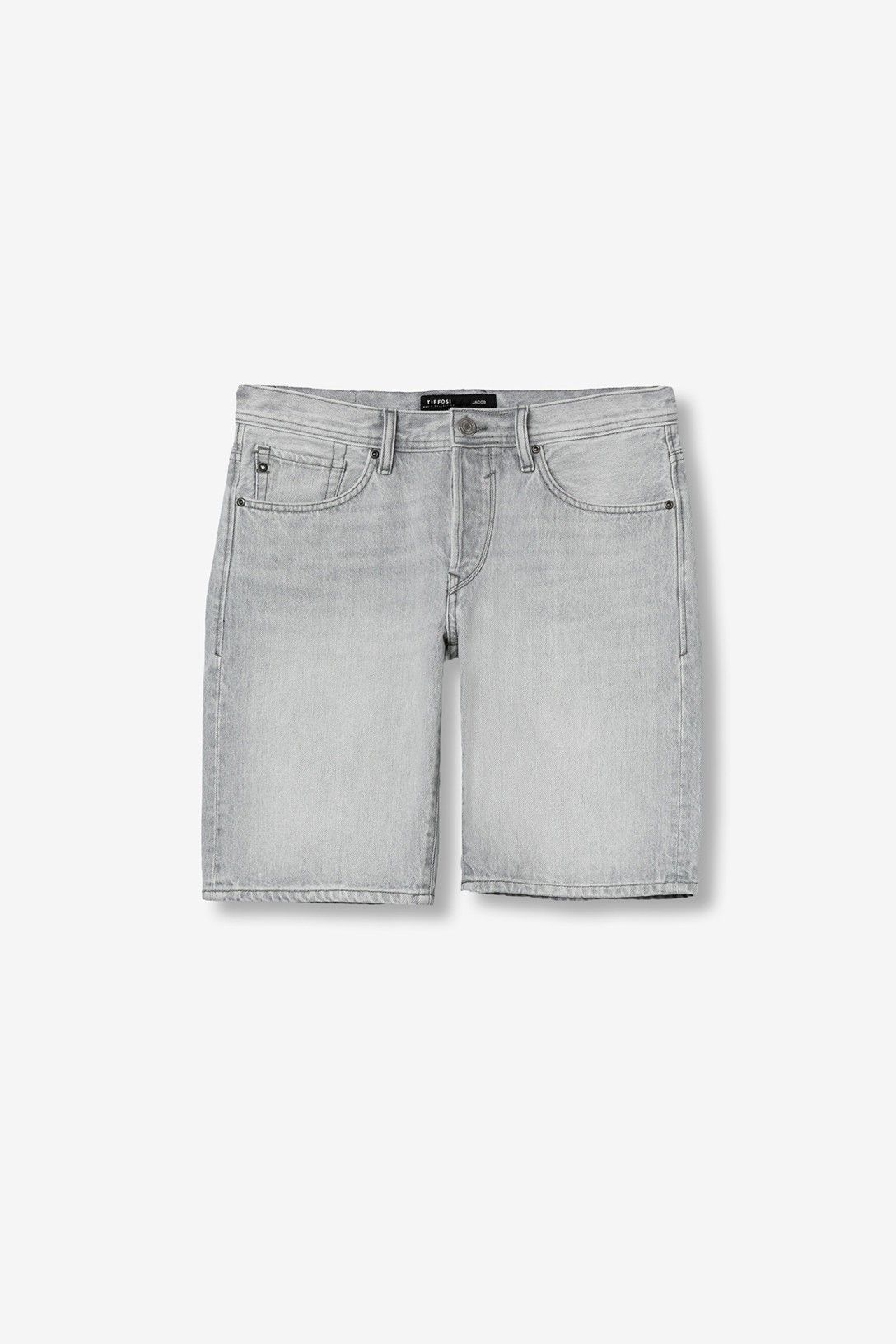 bermuda uomo in denim grigio Jacob – dettaglio tessuto 100% cotone e finitura