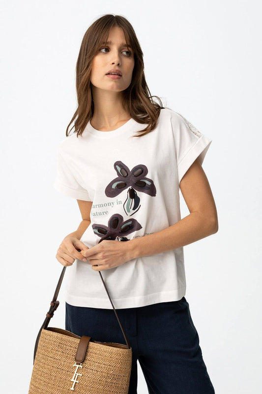 T-shirt donna Jermaine bianca – vista frontale con stampa floreale scura, manica corta scollo rotondo 100% cotone Tiffosi